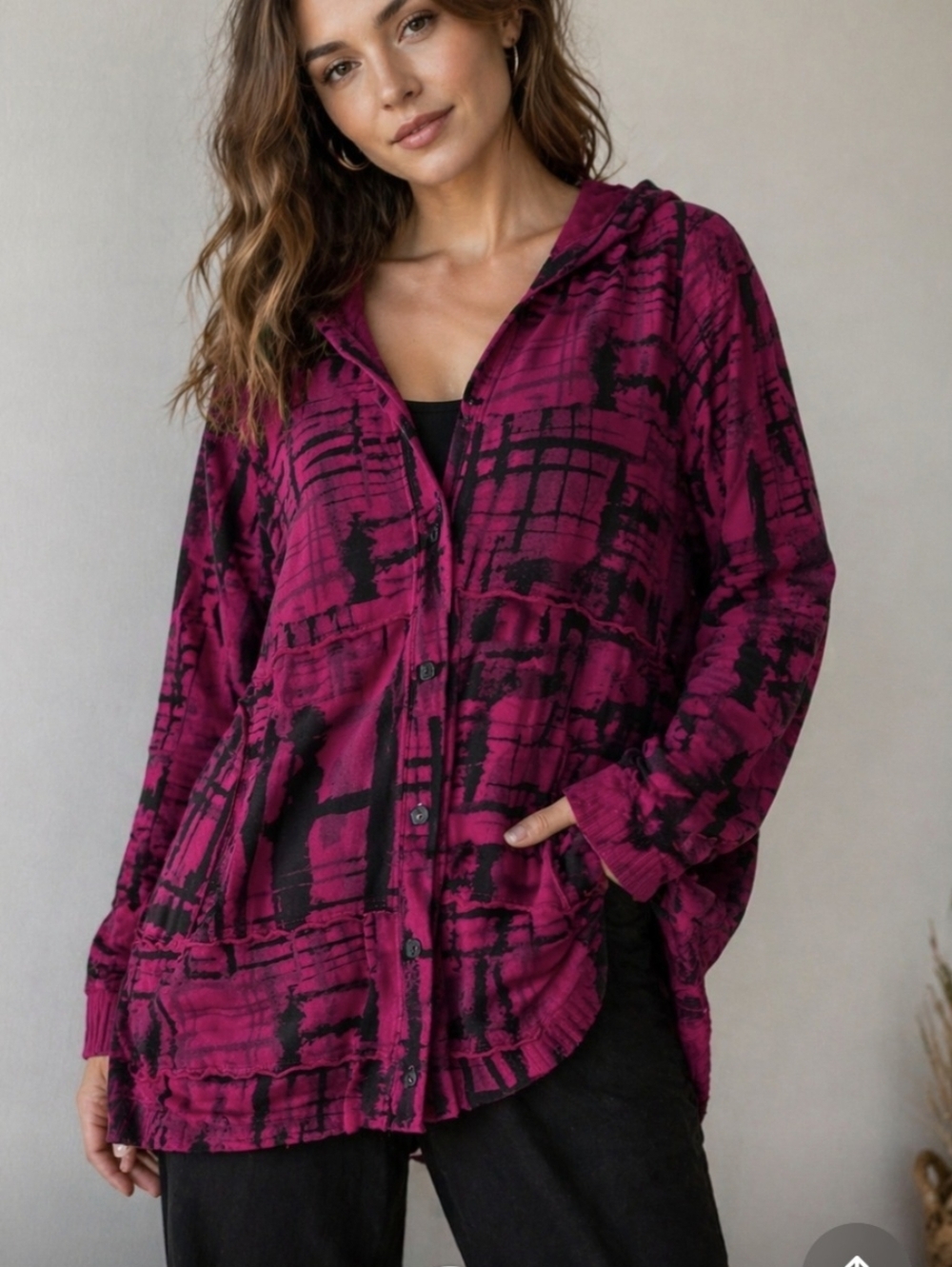 Fenini Hooded Cardigan Womens M Pink Black Abstract Lagenlook Button Front Artsy